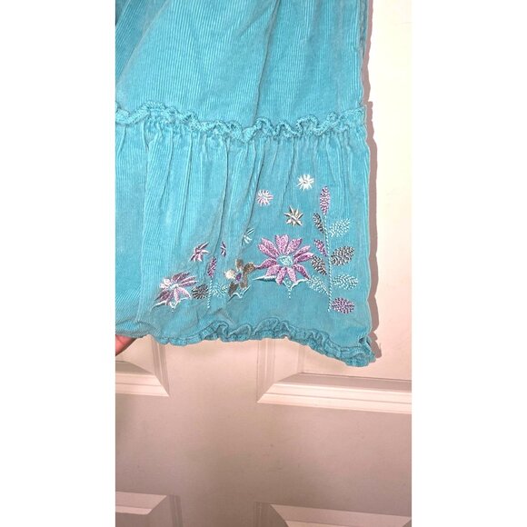Pumkin Girls Teal Corduroy Ruffled Long Sleeve Dress W/ Embroidered Flowers Size - Picture 5 of 6